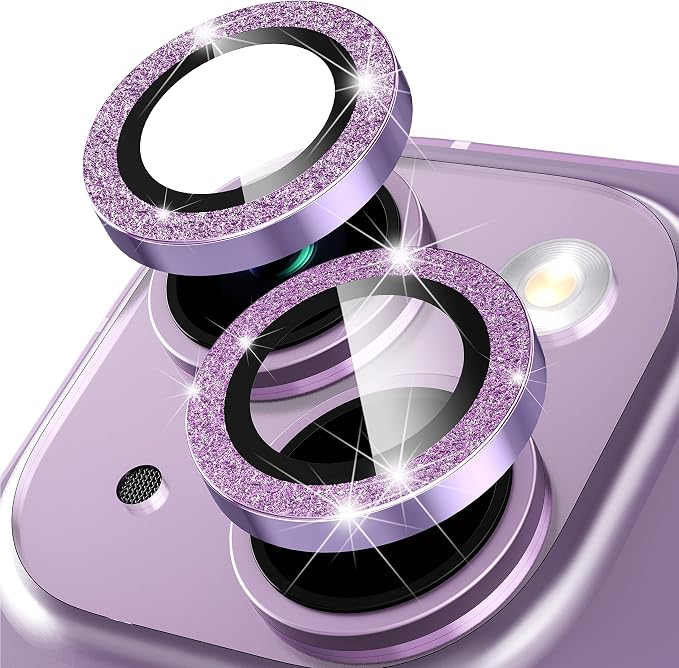 Suoman for iPhone 14 6.1 inch / 14 Plus 6.7 inch Camera Lens Protector, 9H Tempered Glass Film, Metal Frosted Independent Protective Cover [Glitter Diamonds]- Purple by Suoman