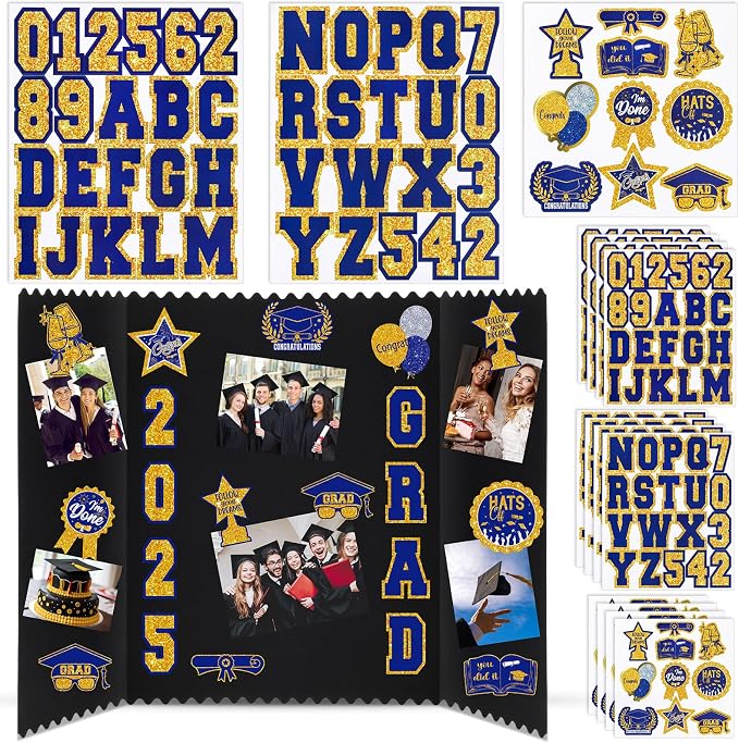 Glenmal Blue Gold 14 Sheets Graduation Photo Display Board Sticker Class of 2026 Picture Display Stickers Accessories for 2026 Grad Party College Board Photo Frame Decor (12x10inch,8.3x8.3inch) by Glenmal