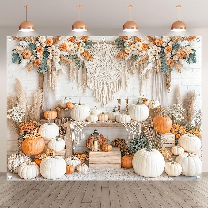 Fabric 8x6ft Autumn Boho Pumpkin Backdrop Fall Harvest Banner | Thanksgiving Day Floral Photography Background, Family Girl Women Party Decorations, Wedding Baby Shower Photo Props - Image 2