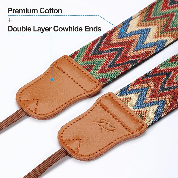 Padwa Lifestyle Camera Strap - 2" Cowhide Head Camera Straps for Photographers,Vintage Jacquard Embroidery Woven Cotton Adjustable Shoulder Neck Straps for Cameras,Binoculars（Cool Ethnic Style Waves） - Image 2