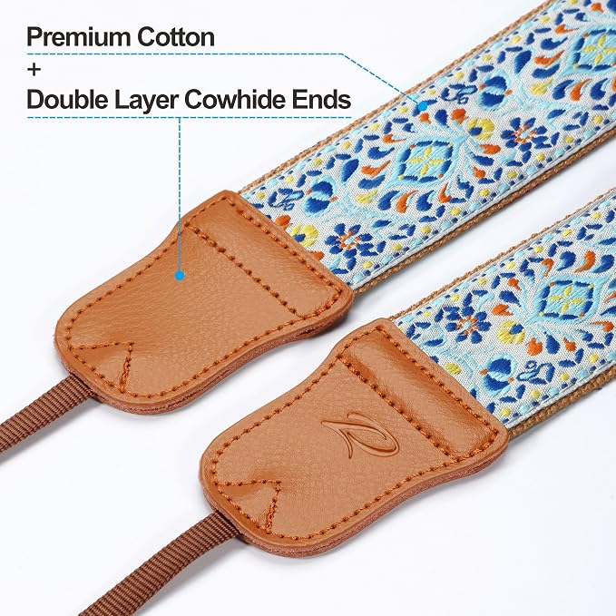 Padwa Lifestyle Blue Vintage Embroidered Camera Strap - 2" Pure Cotton Cowhide Ends Camera Straps for All DSLR/SLR Cameras, Adjustable Universal Strap,Great Gift for Men & Women Photographers - Image 2