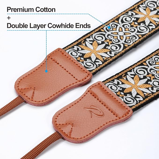 Padwa Lifestyle Camera Strap - 2" Cowhide Head Yellow Floral Camera Straps for Photographers,Vintage Jacquard Embroidery Woven Cotton Adjustable Shoulder Neck Straps for All DSLR Cameras - Image 2