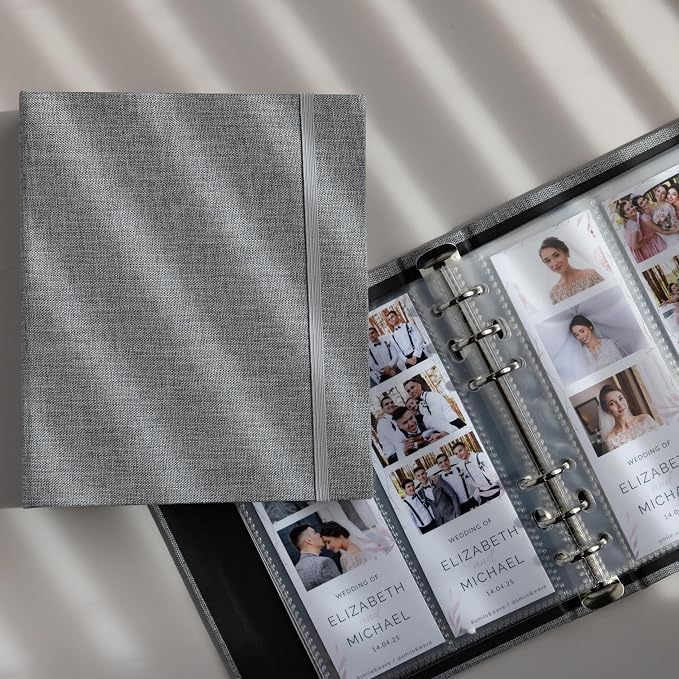 Photo Album For 2X6 Photo Booth Slip In Strips And 4X6 Pictures - 6 Ring Notebook Binder With 20 2 By 6 Sleeves - Fits 80 Photobooth Prints (SIMPLE GREY - LINEN HARDCOVER, 2X6) - Image 3