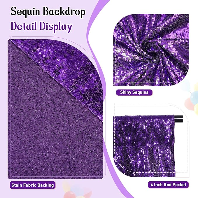 SquarePie 6x8ft Purple Sequin Backdrop, High Density Non-Transparent Glitter Curtain for Photography, Birthday, Wedding Party Decorations, Thick Solid Background with 4" Rod Pocket, 1 Panel - Image 2