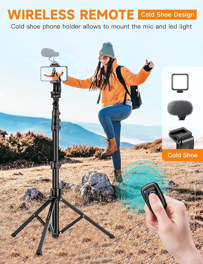 Phone Tripod, 86" Tall Tripod for iPhone with Flexible Gooseneck & Remote | Portable Aluminum Cellphone Stand for Selfies, Video Recording,Travel, Compatible with iPhone Android - Image 3