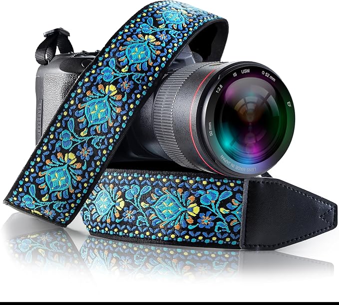 Camera Strap - Shoulder, Crossbody & Neck Camera Strap for Photographers, Fits All Cameras, Canon Nikon Sony Fujifilm, Padded Strap W/ Quick Release, Embroidered Cotton & Leather Ends, Blue by ArtTribute