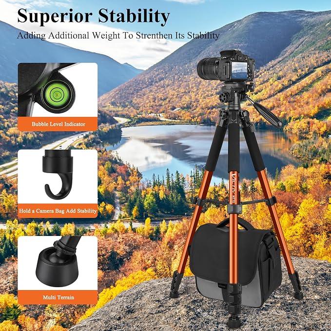 Victiv 74” Camera Tripod, Phone Tripod for iPhone with Phone Holder, Orange | Aluminum Professional Heavy Duty Camera Tripod Stand, Tall Tripod for DSLR with Carry Bag, Compatible with Canon Nikon iPhone - Image 6