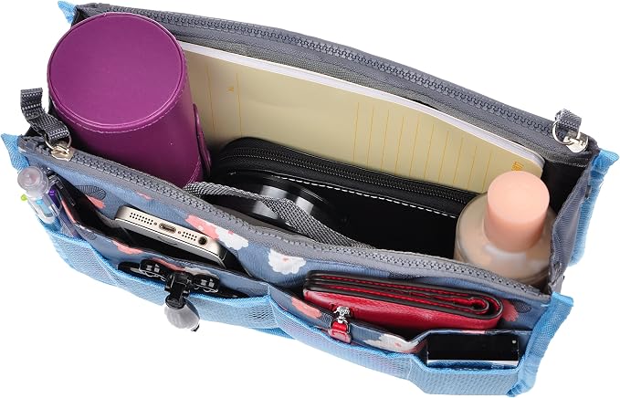 Vercord Purse Organizer Insert for Handbags Bag Organizers Inside Tote Pocketbook Women Nurse Nylon 13 Pockets Blue Flower Small - Image 5