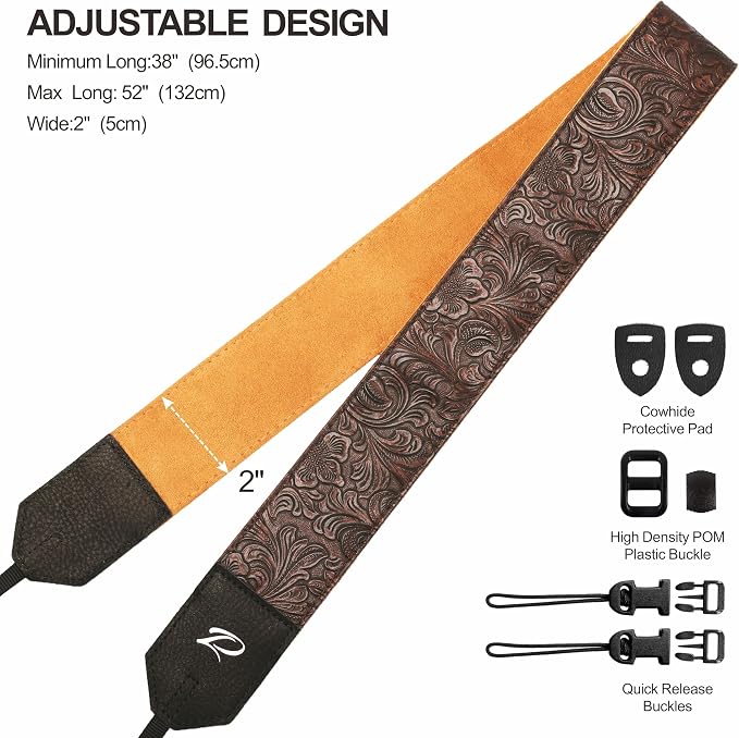 Padwa Lifestyle Camera Strap - 2" Coffee Faux Leather Carving Camera Straps with Full Grain Leather Ends for Photographers, Vintage Soft Suede Fabric Padded Strap Quick Release fits All Cameras - Image 6