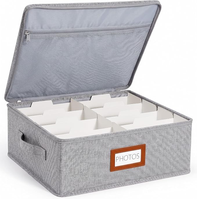 HULISEN Photo Storage Box, Photo Organizer for 2000 4x6 Pictures, Grey | Linen Keepsake Box with Zipper Lid, 8 Dividers, Label Cards Included, Mesh Pocket for Larger Prints, Family Memory Storage - Image 8