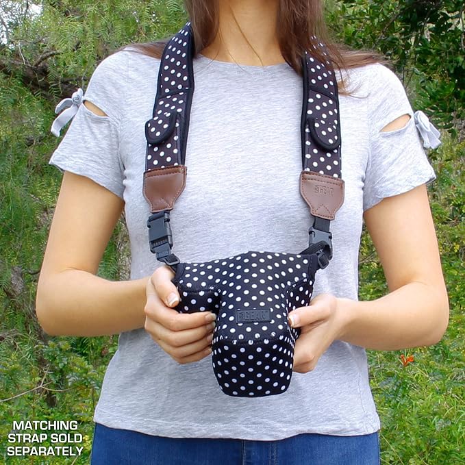 USA Gear Camera Sleeve (Medium) for Compact SLRs Compatible with Canon EOS R100 Nikon Z30 Sony ZV-E10, and more - Padded Neoprene DSLR Case with Zipper Accessory Pocket & Belt Loop (Polka Dot) - Image 4