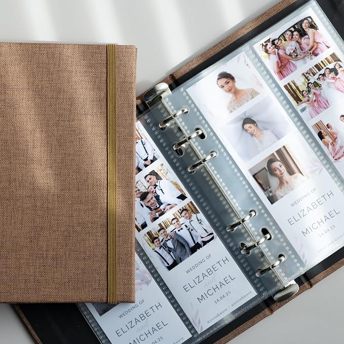 Photo Album For 2X6 Photo Booth Slip In Strips And 4X6 Pictures - 6 Ring Notebook Binder With 20 2 By 6 Sleeves - Fits 80 Photobooth Prints (UMBER BROWN - LINEN HARDCOVER, 2X6) - Image 2