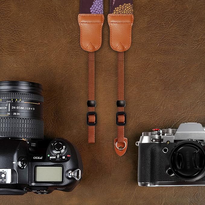 Padwa Lifestyle Camera Strap - 2" Cowhide Leather Head Cotton Camera Straps for Photographers,Vintage Print Purple Daisy Japanese Art Neck & Shoulder Adjustable Strap for DSLR SLR Mirrorless Cameras - Image 6