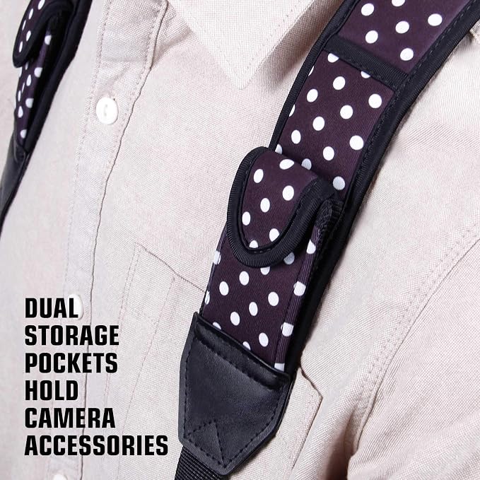 USA Gear DSLR Camera Strap Chest Harness with Quick Release Buckles, Polka Dot Neoprene Pattern and Accessory Pockets - Compatible with Canon, Nikon, Sony Point and Shoot and Mirrorless Cameras - Image 3