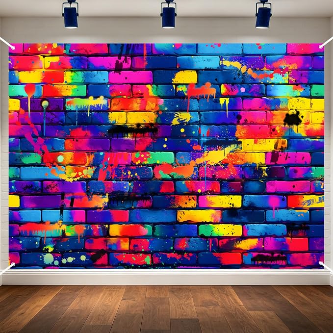7x5ft Graffiti Backdrop Retro 80s 90s Hip Hop DJ Brick Wall Background | Brick Wall Background for Photoshoot Vibrant Colorful Street Art Backdrop for Birthday Party Graduation & Disco Decor by Dormirpilow