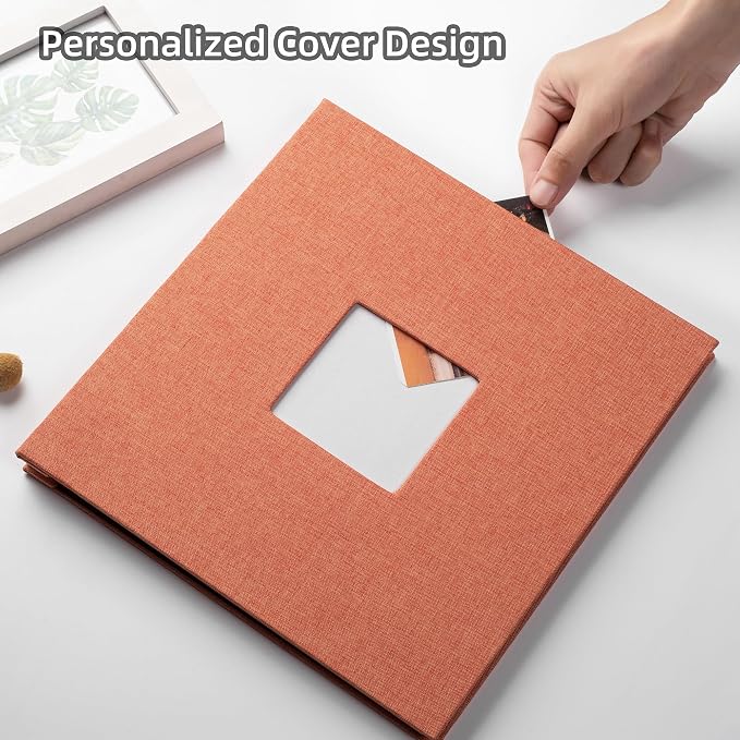 HoneyTolly Large Photo Album Self Adhesive, DIY Scrapbook Album for 3x5 4x6 8x10 Pictures, 60 Pages Linen Cover Memory Book, Ideal Gift for Family Wedding Baby Christmas Anniversary(Orange) - Image 2