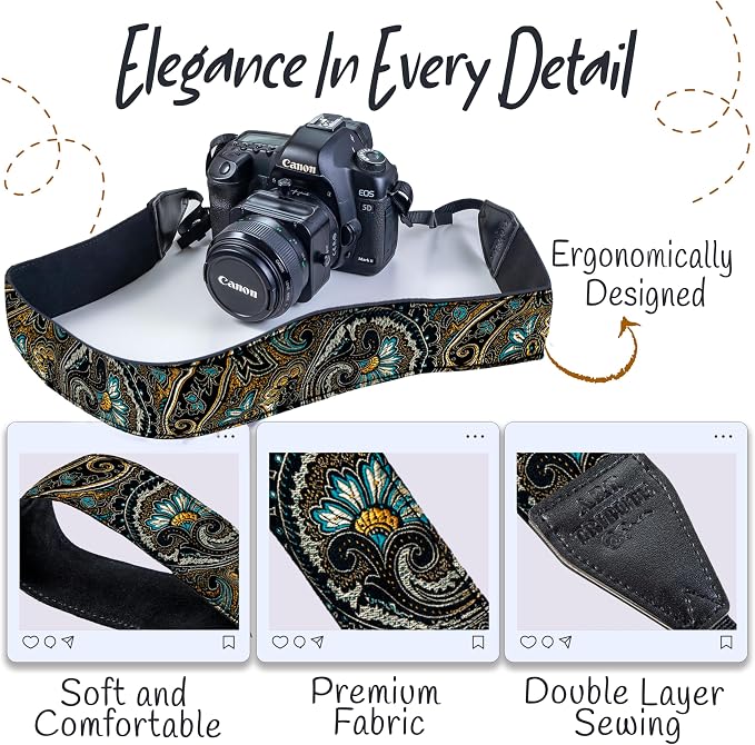 Art Tribute Camera Strap - Shoulder, Crossbody & Neck Camera Strap for Photographers, Fits All Cameras, Canon Nikon Sony Fujifilm, Padded Strap W/Quick Release, Embroidered Cotton & Leather Ends - Image 3