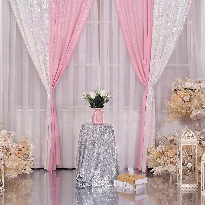 Poise3EHome Pink Sequin Backdrop Curtain, 2 Panels 2Ft x 8Ft Glitter Photography Background for Party Baby Shower Wedding Birthday Christmas Thanksgiving Halloween Decoration - Image 3
