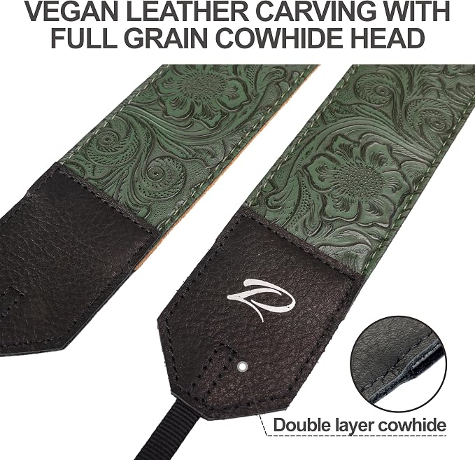 Padwa Lifestyle Camera Strap - 2" Green Faux Leather Carving Camera Straps with Full Grain Leather Ends for Photographers, Vintage Soft Suede Fabric Padded Strap Quick Release fits All Cameras - Image 3