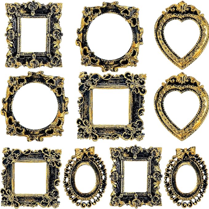Vicenpal 10 Pcs Black Gold Mini Vintage Picture Frames Bulk | Small Vintage Photo Frames, Antique, Resin, Baroque, Ornate, Cute Wallet Size, for DIY Jewelry Gifts Christmas Wedding Decor by Vicenpal