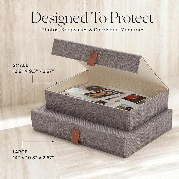 ZICOTO Decorative Photo Storage Boxes with Lids - Set of 2 Linen Organizers | Beautiful Boxes Safely Store Your Pictures, Documents, Scrapbooking Supplies, Keepsakes and Other Memories in Style - Image 3
