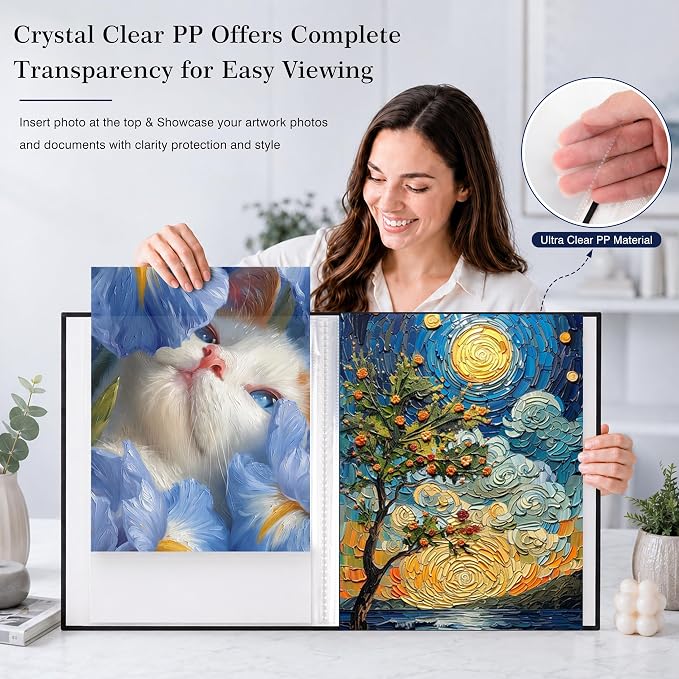 Aevdor 11x14 Photo Album and Art Portfolio, 64 Photos, Linen Cover, Black | Front Display Window, Clear 11x14 Sleeves for Oversized Prints, Certificates, Artwork & Drawings - Image 5