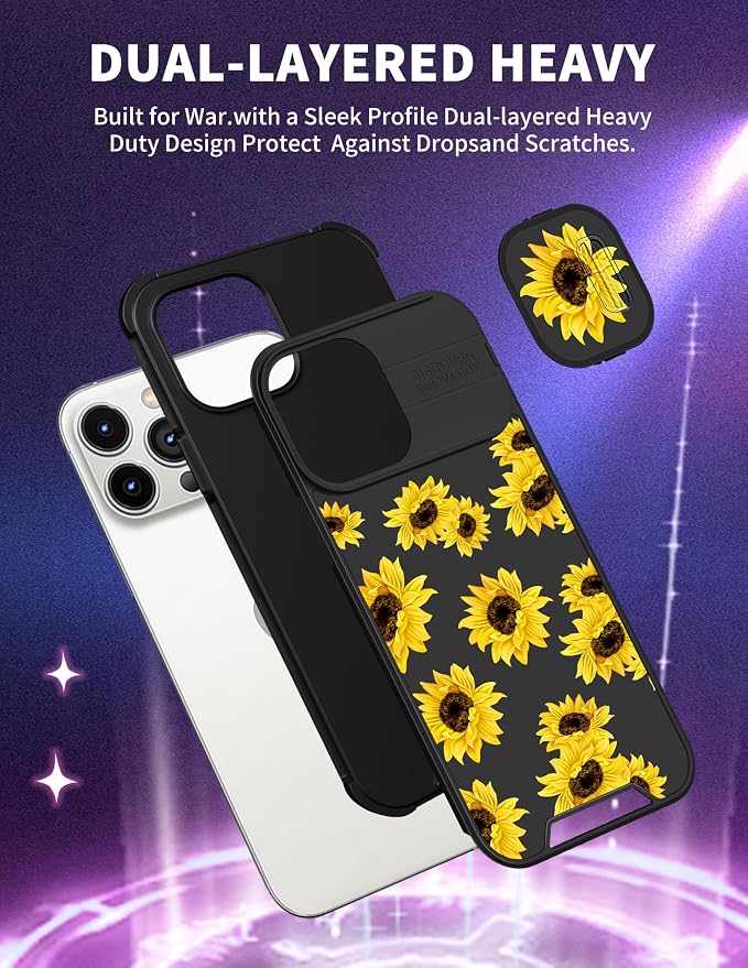 (2in1 for iPhone 13 Pro Max Case Sunflower for Women Floral Girly Phone Cover Cute Flowers Design with Slide Camera Cover Protective Flower Fashion Cases for Apple 13 Pro Max 6.7'' - Image 5