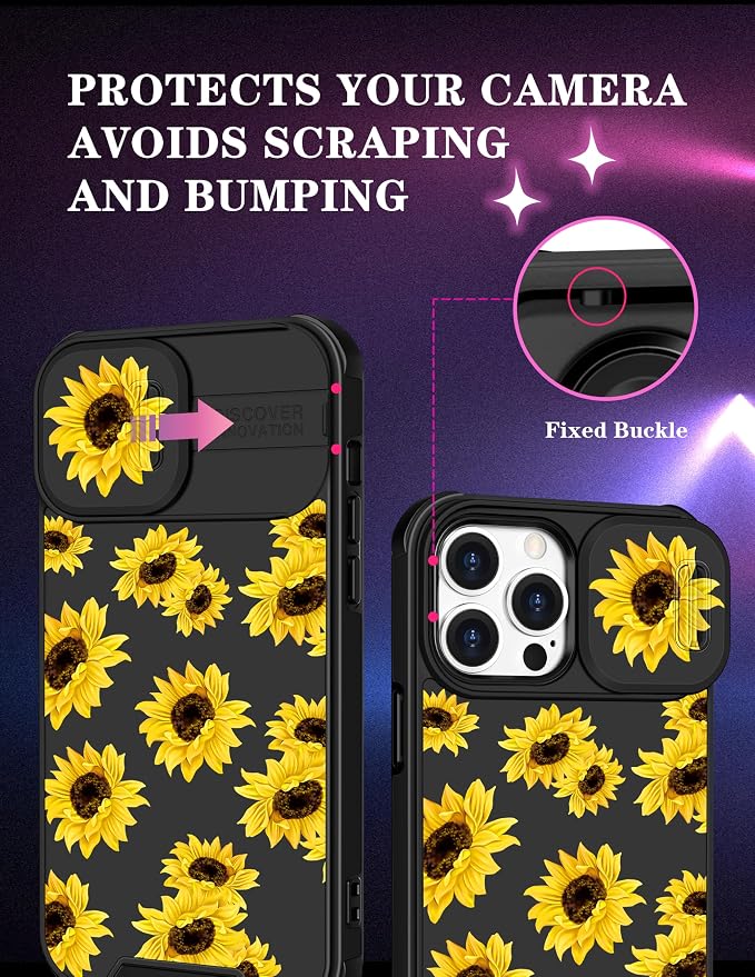 (2in1 for iPhone 13 Pro Max Case Sunflower for Women Floral Girly Phone Cover Cute Flowers Design with Slide Camera Cover Protective Flower Fashion Cases for Apple 13 Pro Max 6.7'' - Image 3
