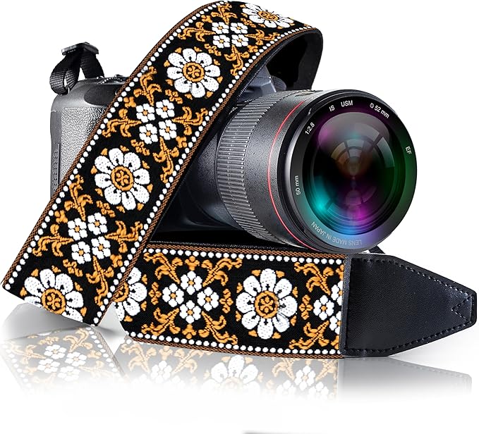 Art Tribute Camera Strap - Shoulder, Crossbody & Neck Camera Strap for Photographers, Fits All Cameras, Canon Nikon Sony Fujifilm, Padded Strap W/Quick Release, Embroidered Cotton & Leather Ends by ArtTribute