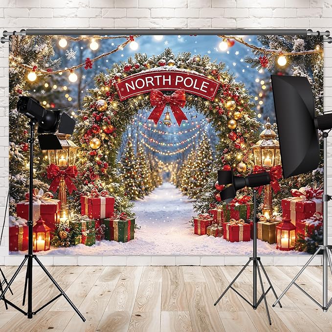 Christmas North Pole Photography Backdrop,Winter Aurora Borealis Snowy Forest Scene Background with Street Lamps,Xmas Party Decor Photo Booth Props(10x8ft) - Image 4
