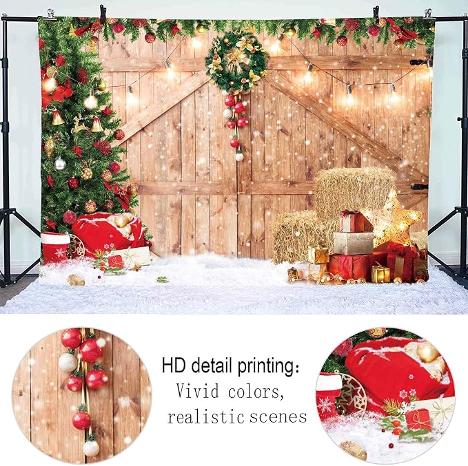Christmas Backdrop Soft Fabric Rustic Barn Wood Door Backdrop for Photography Xmas Tree Snow Wall Floor Party Photo Background Family Banner Decorations Studio Prop Pictures(7x5ft) - Image 2