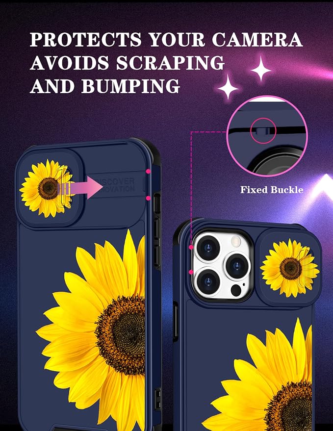(2in1 for iPhone 15 Pro Case Sunflower Floral for Women Cute Phone Cover Girly Sun Flowers Pretty Blue Design with Slide Camera Cover Protective Stand Holder for iPhone 15 Pro Cases 6.1'' - Image 3