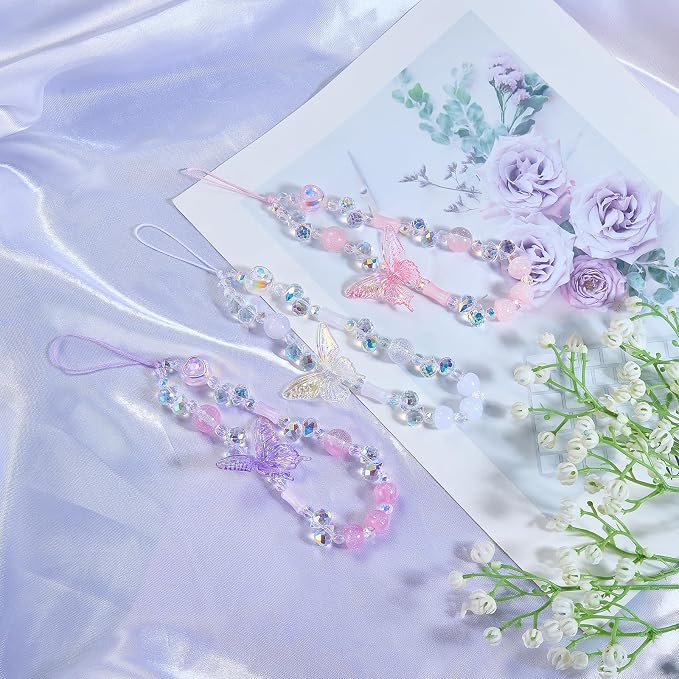 BEEFLYING Beaded Butterfly Phone Charm Wrist Strap for Case, Clear | Sparkling Y2K Cute Cellphone Chain, for Keychain Bag Camera Car Key Pendant - Image 4
