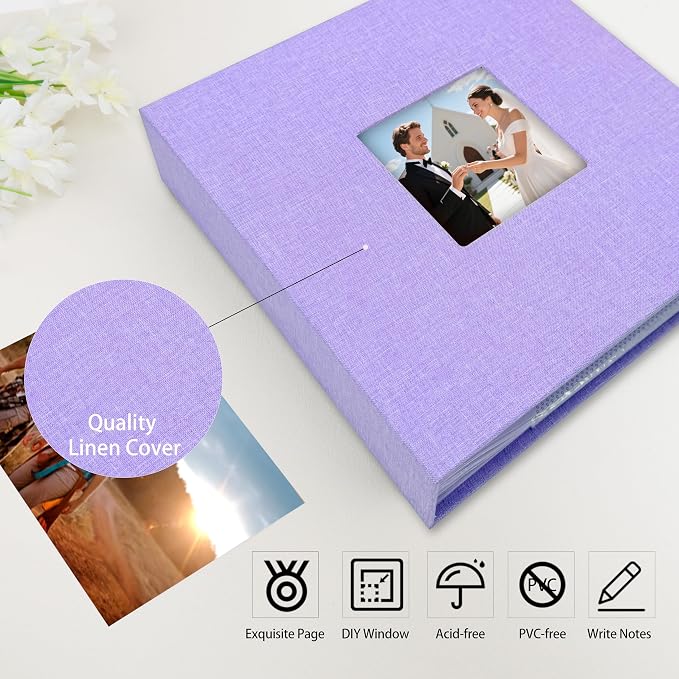 4x6 Photo Album Holds 240 Photos Writing Space Linen Cover, Purple | Clear Acid-Free Sleeves, Memo Writing Areas, Front Display Window, Baby, Wedding, Travel & Family Picture Keepsakes - Image 4