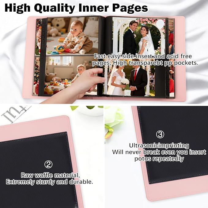 Photo Album 5x7 Holds 272 Pictures Leather Cover 5 x 7 Album Extra Large Capacity Picture Book Acid Free Inner Pages Book for Wedding Family Boys Girls Art Work Photos (Pink） - Image 6