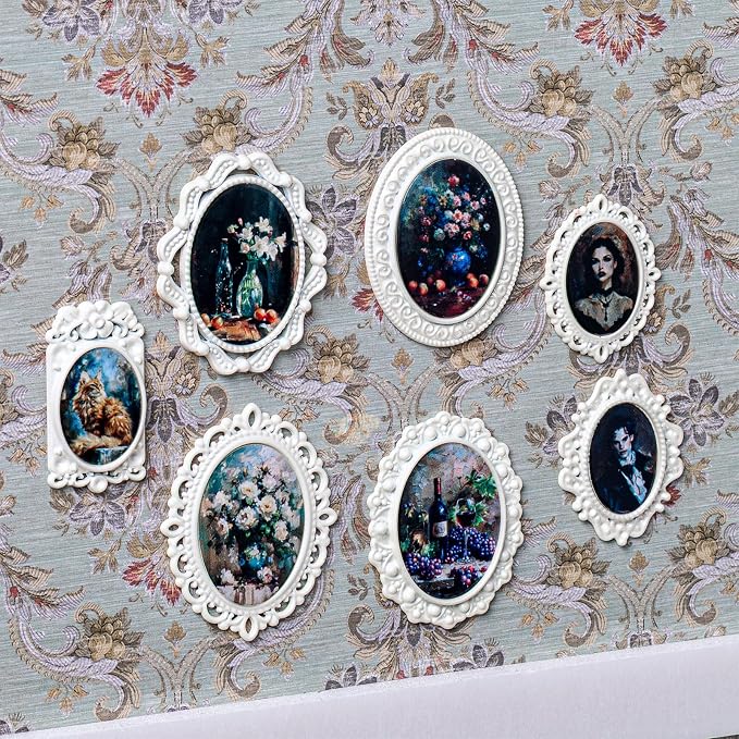 Halloscume 7 Pcs Miniature Picture Frames Mini Vintage Photo Frames Miniature Dollhouse Accessories on 1:12 Scale for Dollhouse DIY Craft Projects Art Jewelry Display Home Decor(White) by Halloscume