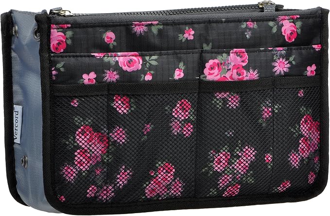 Vercord Purse Organizer Insert for Handbags Bag Organizers Inside Tote Pocketbook Women Nurse Nylon 13 Pockets Black Red Flower Large by Vercord