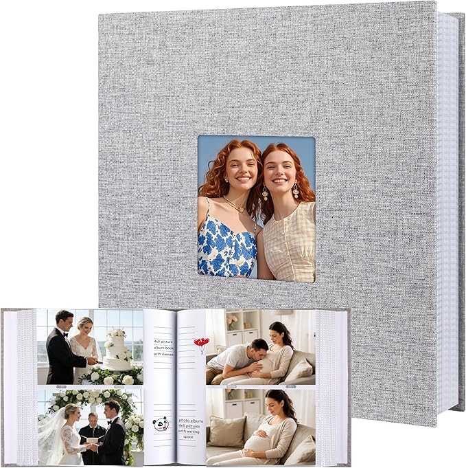 4x6 Photo Album Holds 240 Photos Writing Space, Linen Cover, Grey | Clear Acid-Free Sleeves, Memo Writing Areas, Front Display Window, Baby, Wedding, Travel & Family Picture Keepsakes by Xfveiwoo