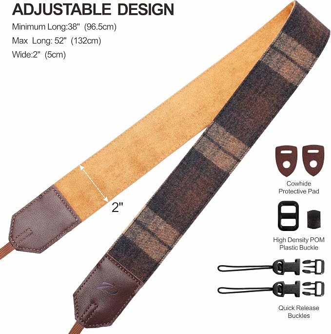 Padwa Lifestyle Camera Strap - 2" Full Grain Leather Ends Camera Straps for Photographers, Unique Vintage Cashmere and Soft Suede Fabric Padded Strap Quick Release fits All Cameras(Dark Coffee Check) - Image 6