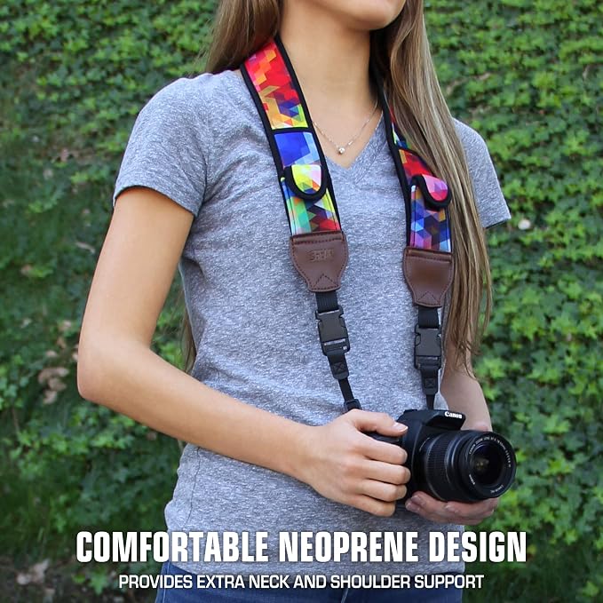 USA Gear TrueSHOT Camera Strap Neoprene Camera Straps - Padded Neck Strap, Pockets, and Quick Release Buckles - Compatible with Canon, Nikon, Sony and More DSLR and Mirrorless Cameras (Geometric) - Image 2