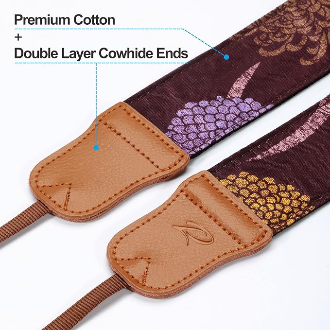 Padwa Lifestyle Camera Strap - 2" Cowhide Leather Head Cotton Camera Straps for Photographers,Vintage Print Purple Daisy Japanese Art Neck & Shoulder Adjustable Strap for DSLR SLR Mirrorless Cameras - Image 2
