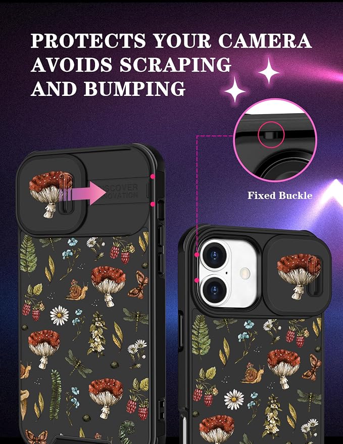 for iPhone 16 Plus Case - Women Cute Phone Cover Girly Pretty Fancy Unique Aesthetic Design Slide Camera Cover Protective Case for Apple for iPhone 16 Plus,Mushroom Floral - Image 3