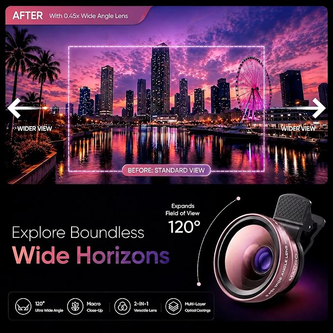 Phone Camera Lens Kit, 0.45X Super Wide Angle Lens + 15X Macro Lens 2 in 1 Professional Lens Attachment for Phone 17/16/15/14/13 - Image 2