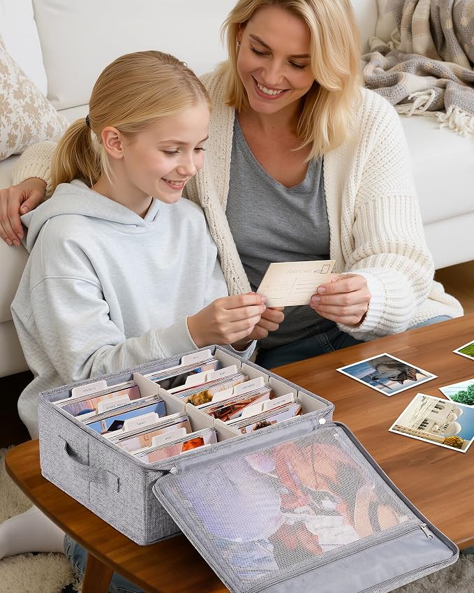 HULISEN Photo Storage Box, Photo Organizer for 2000 4x6 Pictures, Grey | Linen Keepsake Box with Zipper Lid, 8 Dividers, Label Cards Included, Mesh Pocket for Larger Prints, Family Memory Storage - Image 6