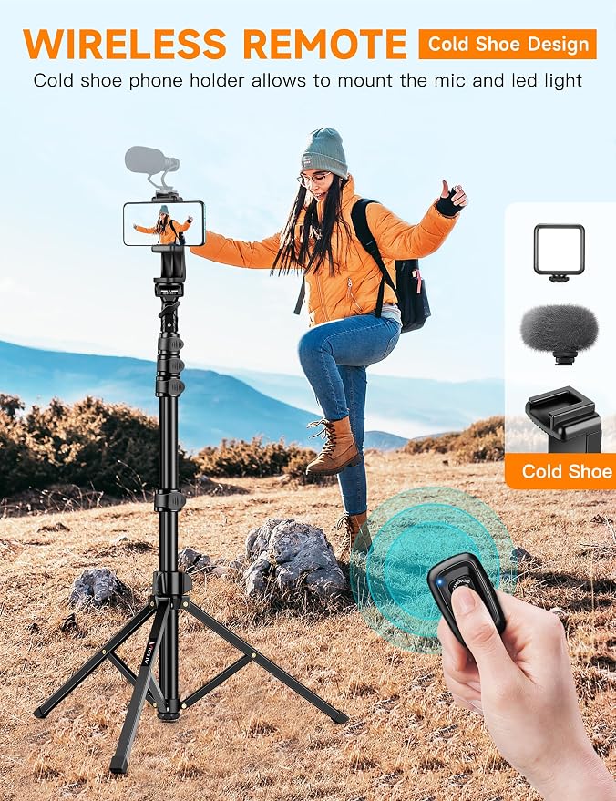 Phone Tripod, 71" Portable Cellphone Tripod Stand with Remote | Camera Stand for iPhone with Phone Holder, Compatible with Camera iPhone/Android Smartphone/Gopro - Image 3