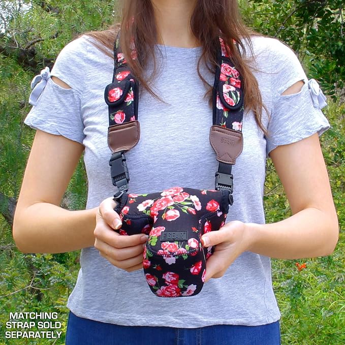 USA Gear Camera Sleeve (Medium) for Compact SLRs Compatible with Canon EOS R100 Nikon Z30 Sony ZV-E10, and more - Padded Neoprene DSLR Case with Zipper Accessory Pocket & Belt Loop (Floral) - Image 4