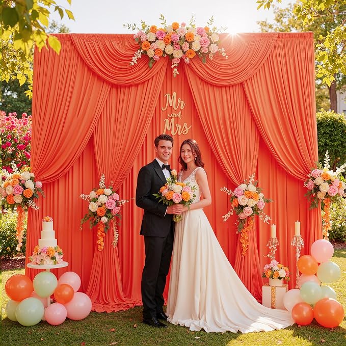 10ftx10ft Wrinkle Free Orange Backdrop Curtains for Parties, Silky Polyester Photo Backdrop Drapes 2 Panels 5x10ft Back Drop Cloth for Wedding Birthday Baby Shower Photography Background - Image 6