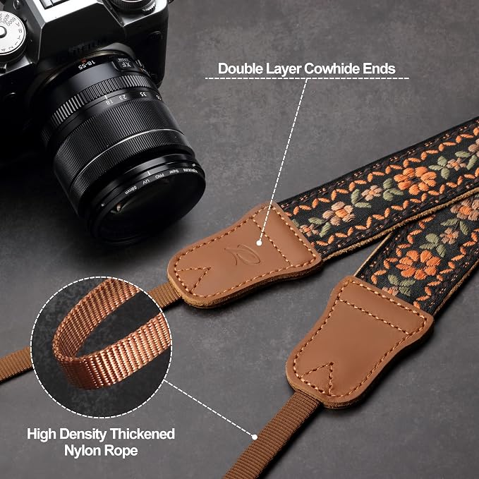 Padwa Lifestyle Embroidered Floral Camera Strap - 1.5" Crazy Horse Cowhide Ends Camera Straps for Photographers, Cute Cotton Weave Soft Suede Fabric Padded Strap fits All Cameras for Adults & Kids - Image 5