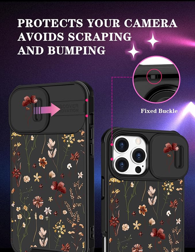 for iPhone 16 Pro Max Case - Women Cute Phone Cover Girly Pretty Unique Aesthetic Design Slide Camera Cover Protective Case for Apple for iPhone 16 Pro Max,Flowers Floral - Image 3
