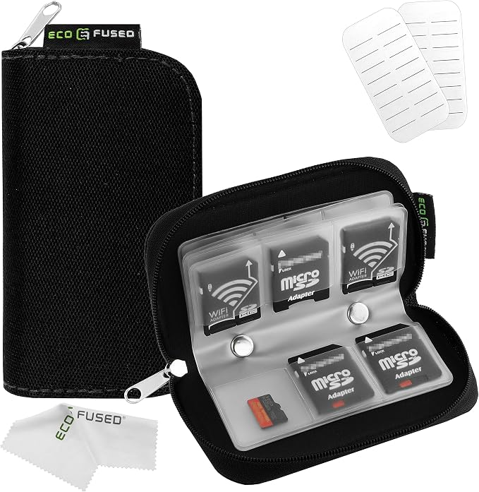 Eco-Fused Memory Card Case, 22-Slot Organizer for SD, microSD and CF | Zippered SD card holder for SDHC, SDXC, miniSD, microSD, CompactFlash CF, camera cards and small accessories by Eco-Fused